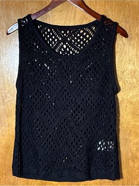 Crochet Tank Top Juniors XL Black Boho Hippie Summer Festival Open Knit Peasant